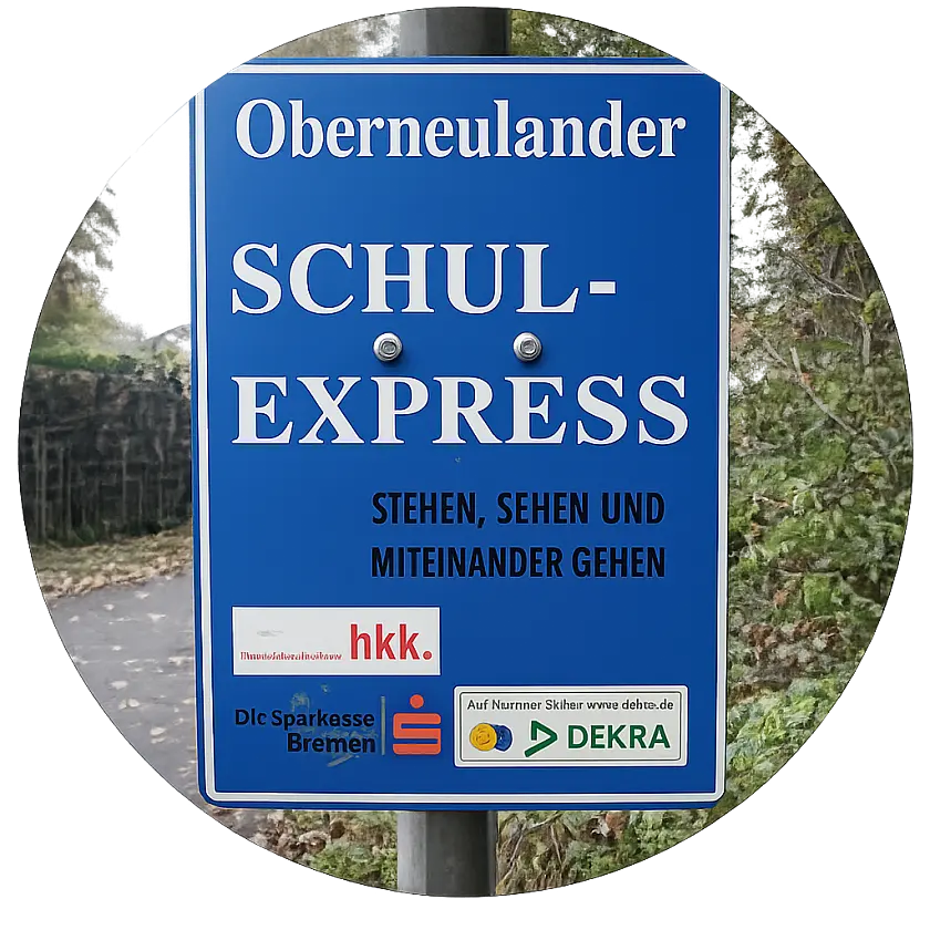 Blaues Schild mit der Aufschrift Oberneulander Schulexpress